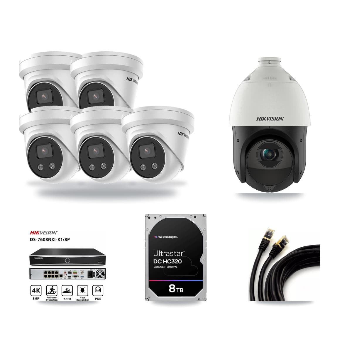 Hikvision 8-Channel 4MP – 5MP CCTV Kit — 5 5MP Turret + 1 4MP PTZ Cameras + 8TB Recording - Image 1