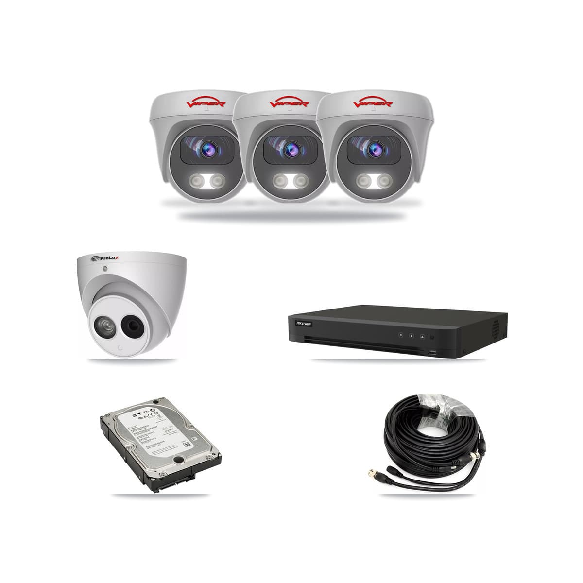 8-Channel 4MP – 5MP CCTV Kit — 1 PXC-612C4W-A-POC 4MP Turret + 3 White VIPER-5MP-3K-AOC-WHITE-2.8MM 5MP Cameras + 5TB Recording (IDS-7208HUHI-M1/XT Recorder) - Image 1