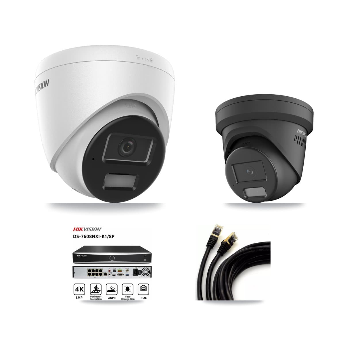 Hikvision 8-Channel 4MP CCTV Kit — 1 DS-2CD1343G2 + 1 Black DS-2CD2347G2 Turret Cameras + 3TB Recording (DS-7608NXI Recorder) - Image 1