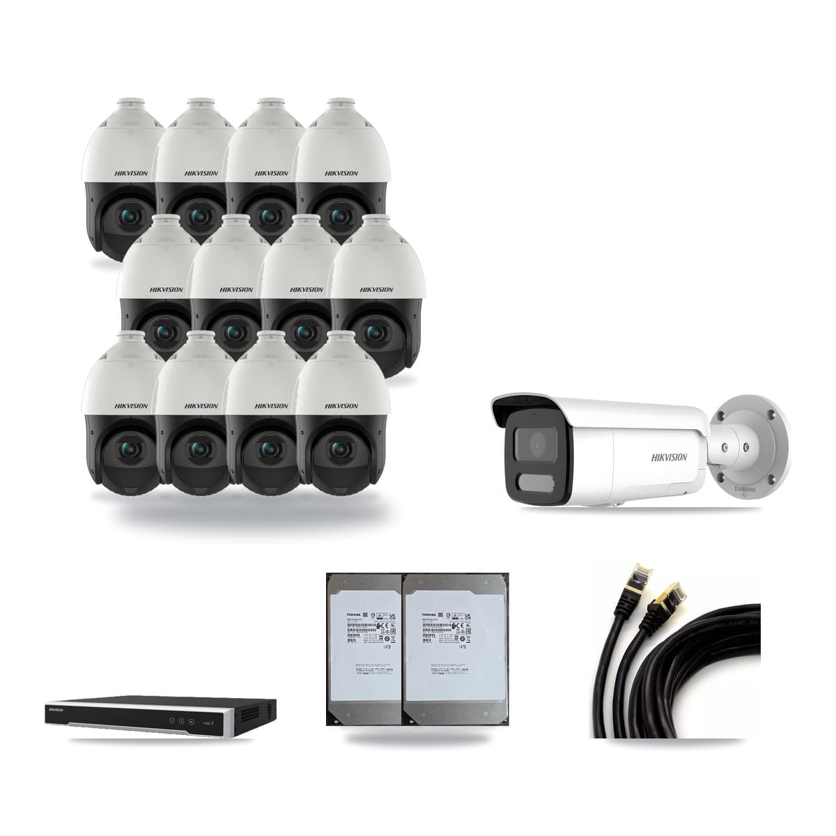 Hikvision 16-Channel 4MP CCTV Kit — 1 Bullet + 12 PTZ Cameras + 2× 14TB Recording (DS-7616NI-M2 Recorder) - Image 1