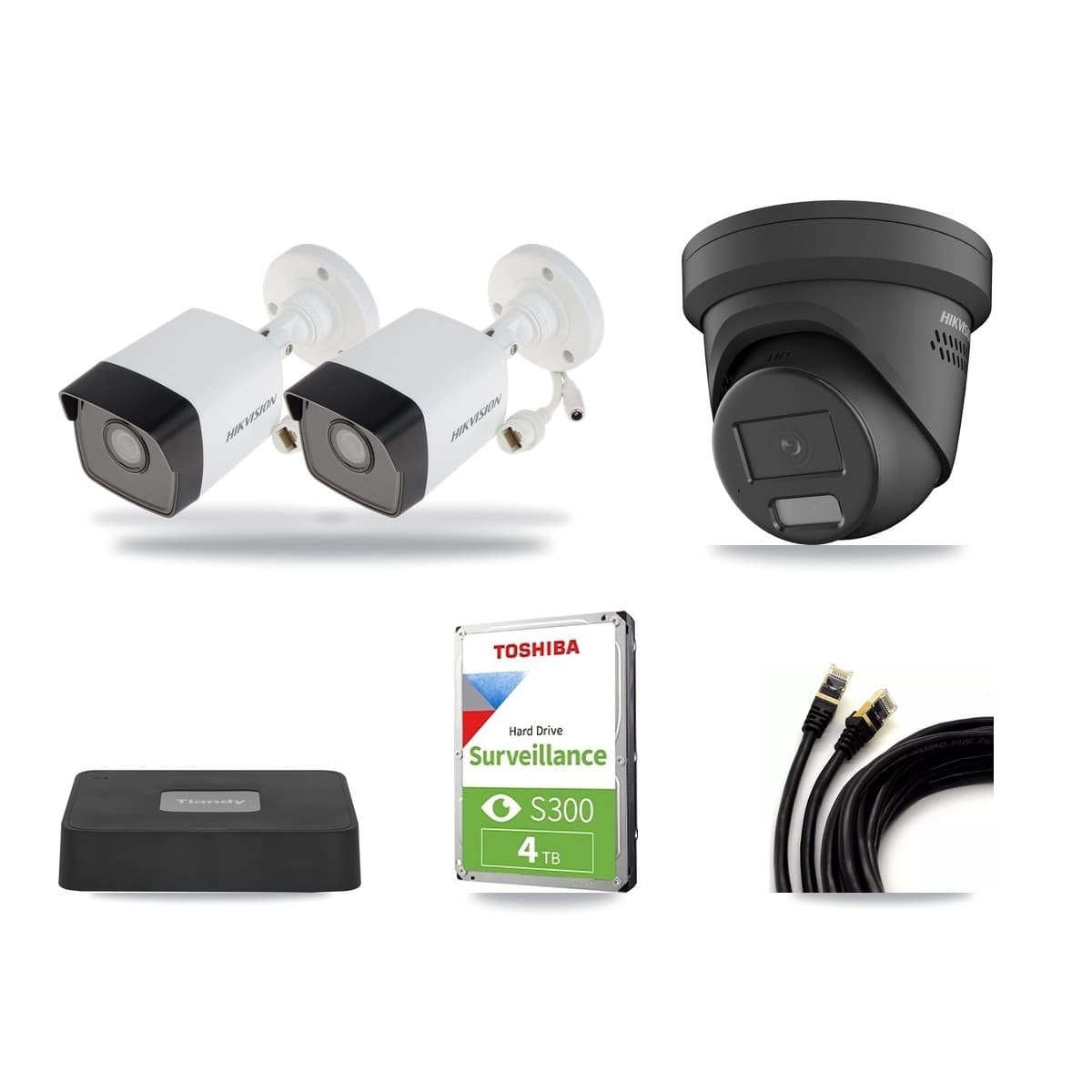 Hikvision & Tiandy 4-Channel 4MP – 5MP CCTV Kit — 2 5MP Bullet + 1 Black 4MP Turret Cameras + 4TB Recording - Image 1