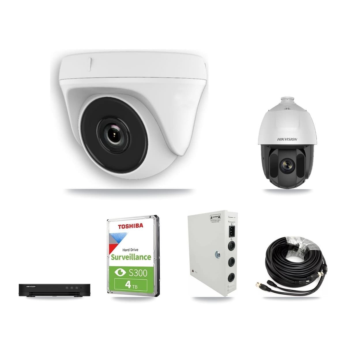 Hikvision 8-Channel 2MP CCTV Kit — 1 DS-2AE5225TI PTZ + 5 White HDT-2MP-N20W Dome Cameras + 4TB Recording (DS-7208HGHI Recorder)