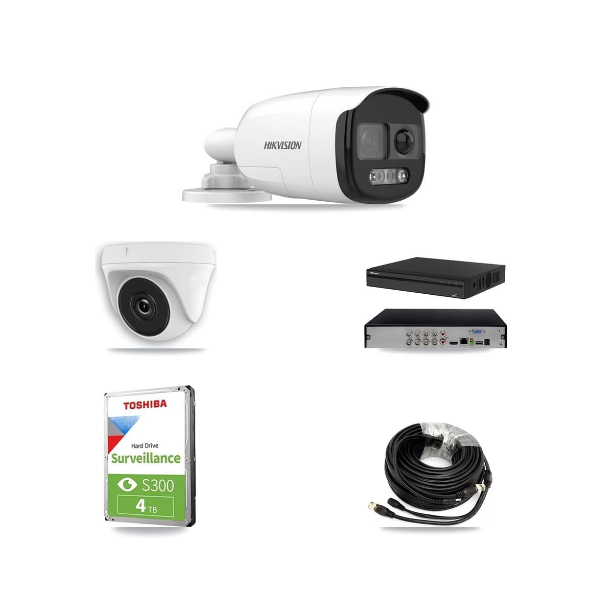 Hikvision & Prolux 8-Channel 2MP – 5MP CCTV Kit — 2 DS-2CE12KF3T 5MP Bullet + 2 White HDT-2MP-N20W 2MP Dome Cameras + 4TB Recording