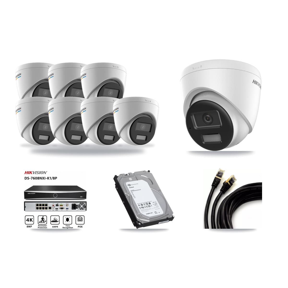 Hikvision 8-Channel 2MP – 4K CCTV Kit — 7 2MP + 1 4K Turret Cameras + 6TB Recording (DS-7608NXI Recorder) - Image 1