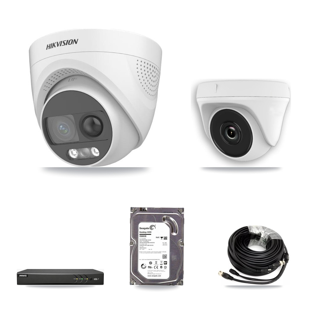 Hikvision & ANNKE 4-Channel 2MP – 5MP CCTV Kit — 1 DS-2CE72KF3T 5MP Turret + 1 White HDT-2MP-N20W 2MP Dome Cameras + 2TB Recording - Image 1