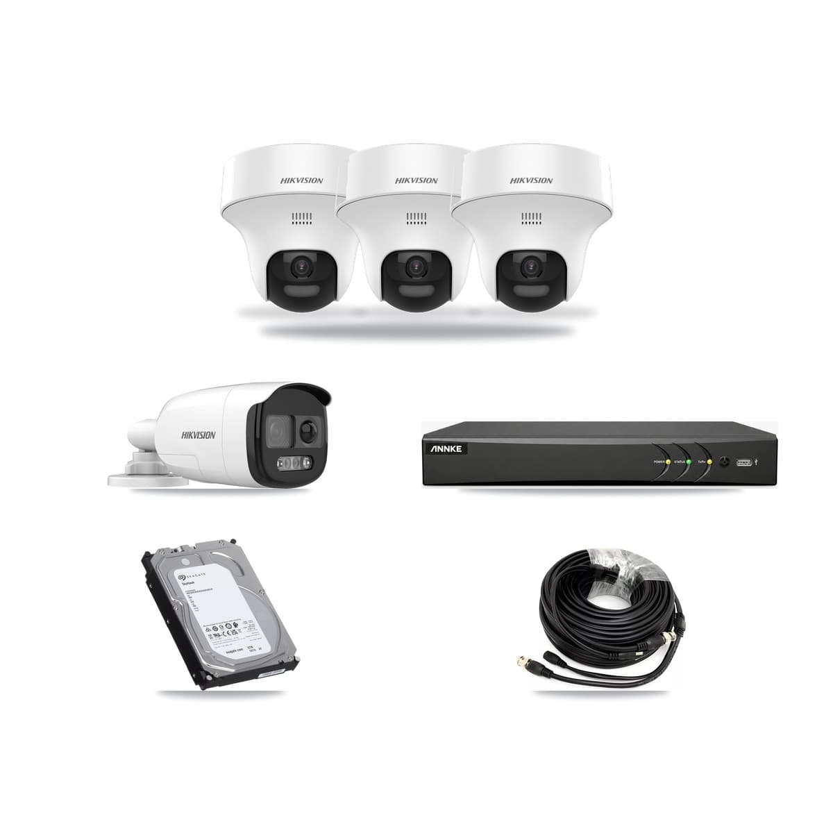 Hikvision & ANNKE 4-Channel 5MP CCTV Kit — 1 DS-2CE12KF3T Bullet + 3 DS-2CE70K0T Turret Cameras + 6TB Recording - Image 1