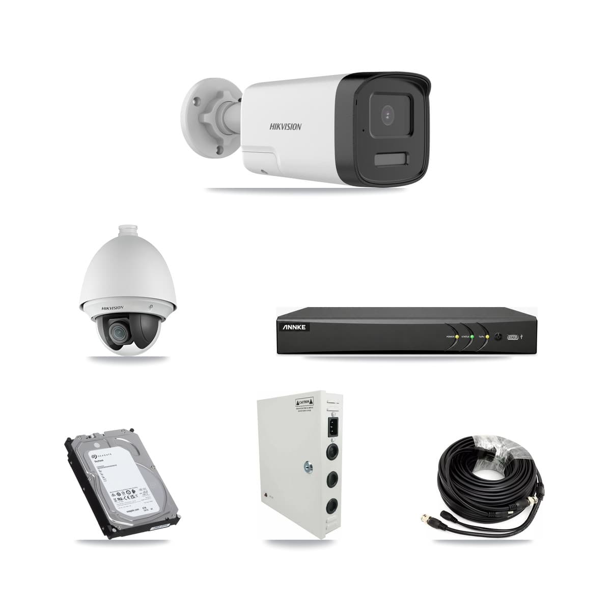 Hikvision & ANNKE 4-Channel 2MP – 5MP CCTV Kit — 1 DS-2AE4225T 2MP PTZ + 3 DS-2CE17K0T 5MP Bullet Cameras + 6TB Recording
