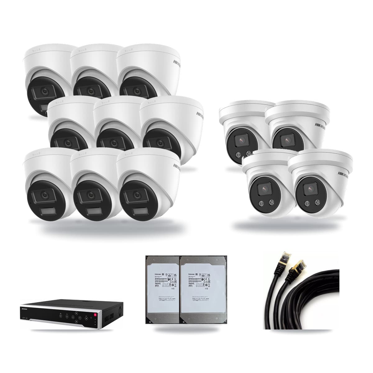 Hikvision 32-Channel 5MP – 4K CCTV Kit — 9 DS-2CD1383G2-LIU 4K + 4 DS-2CD3356G2-ISU 5MP Turret Cameras + 2× 14TB Recording (DS-7732NI-M4/24P Recorder) - Image 1