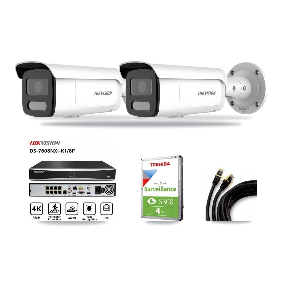 Hikvision 8-Channel 4MP – 4K CCTV Kit — 1 4MP + 1 White 4K Bullet Cameras + 4TB Recording (DS-7608NXI Recorder) - Image 1