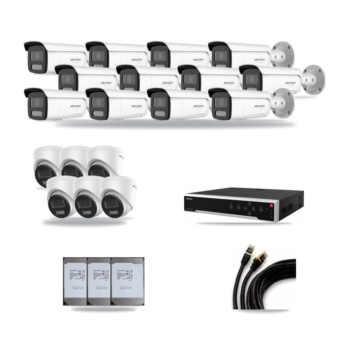 Hikvision 32-Channel 4K CCTV Kit — 6 DS-2CD1383G2-LIUF/SL Turret + 12 White DS-2CD2T87G2H-LISU/SL-2.8MM-W Bullet Cameras + 3× 14TB Recording (DS-7732NI-M4/24P Recorder) - Image 1