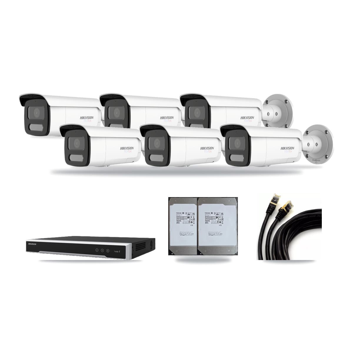 Hikvision 8-channel CCTV kit: 6 cameras (6× 4K Bullet), 2× 14TB hard drive