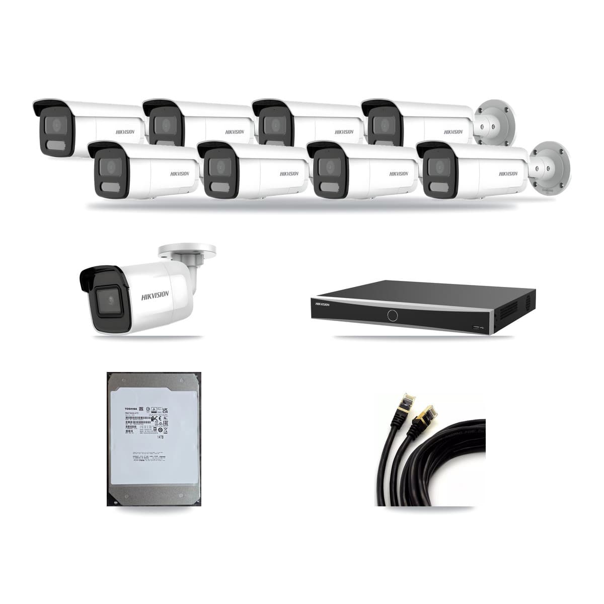 Hikvision 16-channel CCTV kit: 9 cameras (8× 4MP Bullet + 1× 4K Bullet), 14TB hard drive