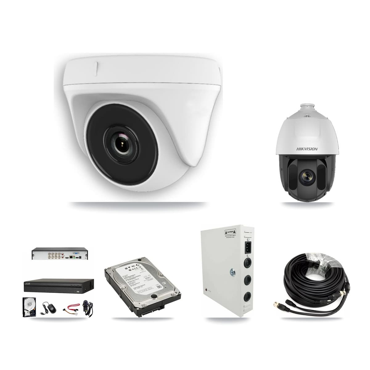 Hikvision & Dahua 8-Channel 2MP CCTV Kit — 1 PTZ + 7 White Dome Cameras + 5TB Recording (XVR-3108AD Recorder)