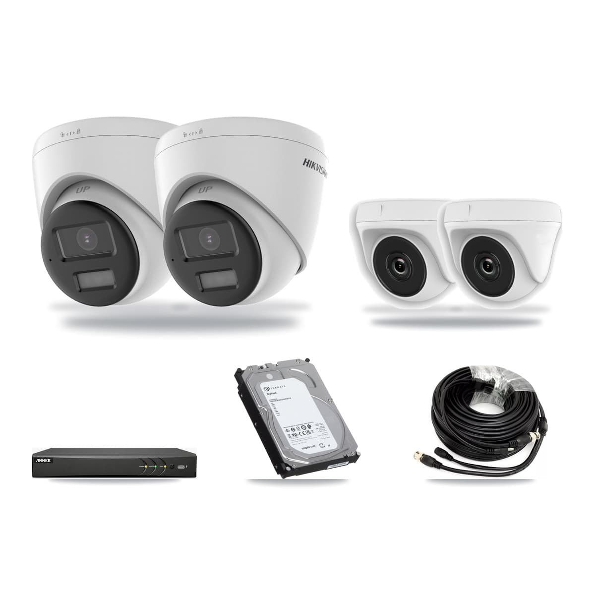 Hikvision & ANNKE 4-Channel 2MP – 4K CCTV Kit — 2 4K Turret + 2 2MP Dome Cameras + 6TB Recording - Image 1