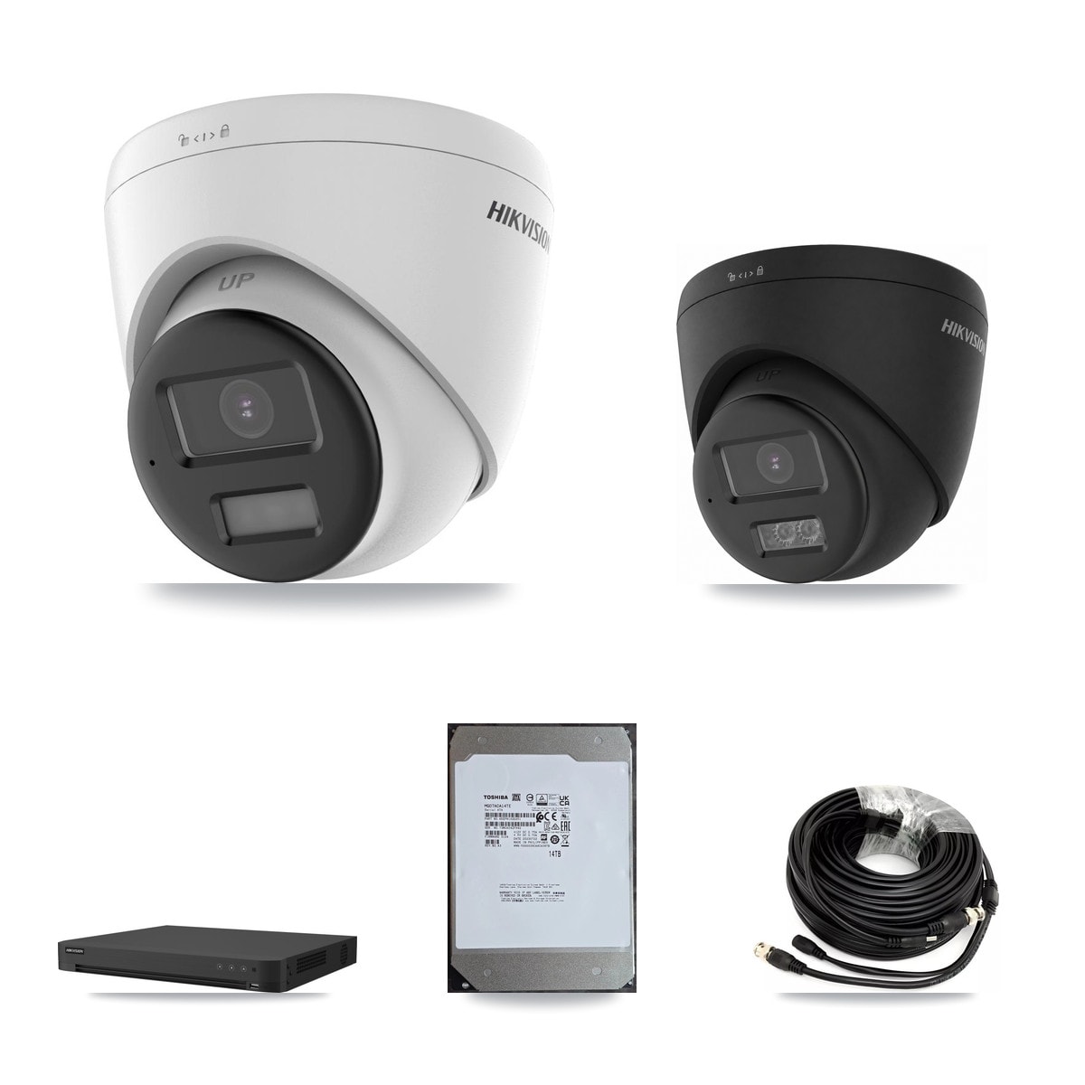 Hikvision iDS-7216HUHI-M2/XT 16-Channel DVR CCTV Kit — 7× DS-2CE78K0T-LPTS 5MP Turret + 1× DS-2CE78U0T-LTS-Black Black 4K Turret Cameras + 14TB HDD