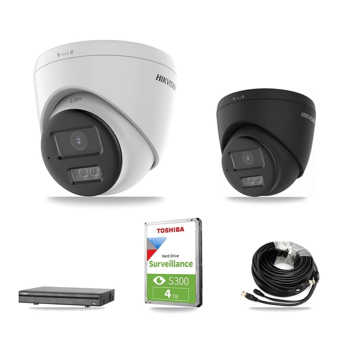 Hikvision & Dahua 8-Channel 5MP – 4K CCTV Kit — 1 DS-2CE78K0T-LTS 5MP + 1 Black DS-2CE78U0T-LTS-BLACK 4K Turret Cameras + 4TB Recording (DH-XVR5108H-4KL-X-8P Recorder)