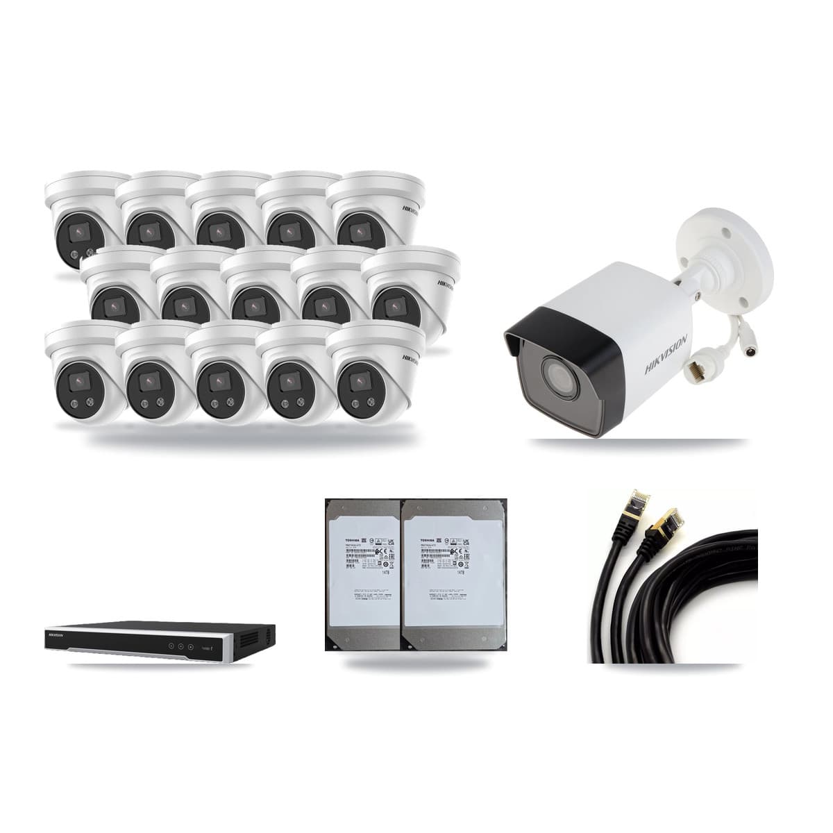 Hikvision 16-Channel 5MP CCTV Kit — 1 Bullet + 15 Turret Cameras + 2× 14TB Recording (DS-7616NI-M2 Recorder) - Image 1