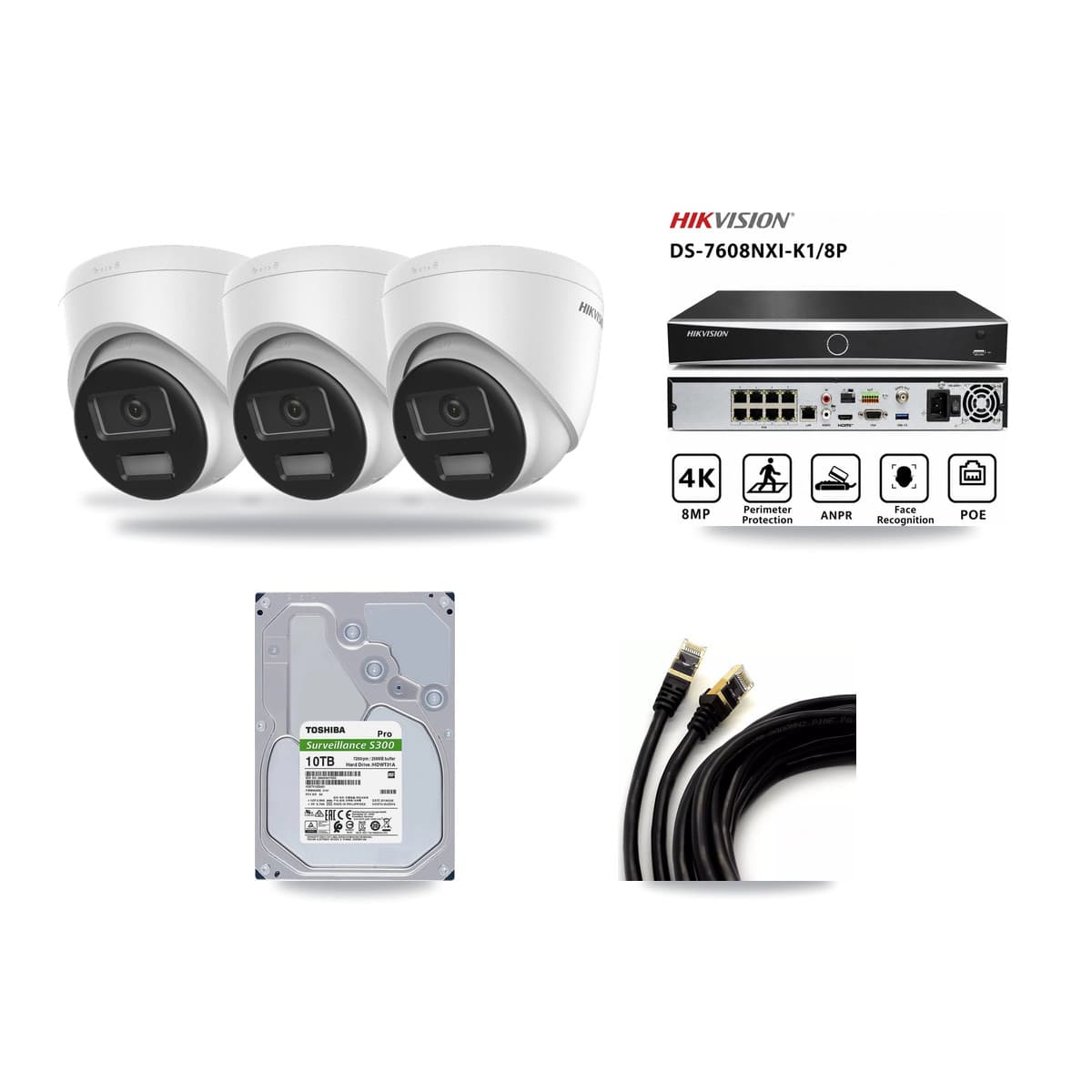 Hikvision 8-Channel 4K CCTV Kit — 3 DS-2CD1383G2-LIUF/SL Turret Cameras + 10TB Recording (DS-7608NXI-K1/8P Recorder) - Image 1