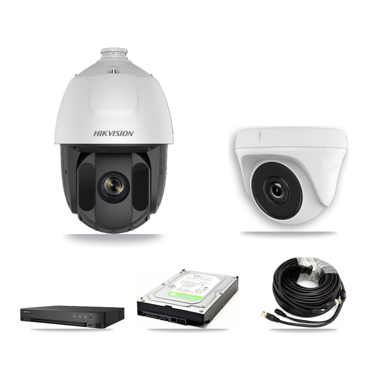 Hikvision 4-Channel 2MP CCTV Kit — 1 DS-2AE5225TI PTZ + 1 White HDT-2MP-N20W Dome Cameras + 1TB Recording (DS-7204HGHI Recorder)
