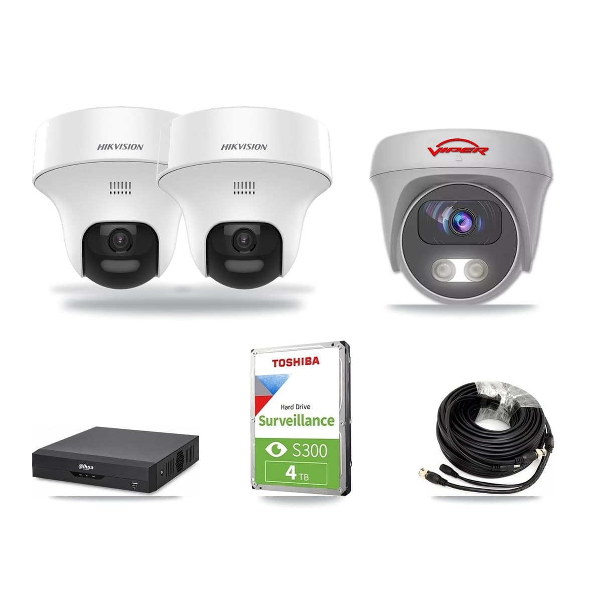 4-Channel 5MP CCTV Kit — 2 DS-2CE70K0T Turret + 1 White VIPER-5MP-3K Cameras + 4TB Recording (DH-XVR5104HS Recorder) - Image 1