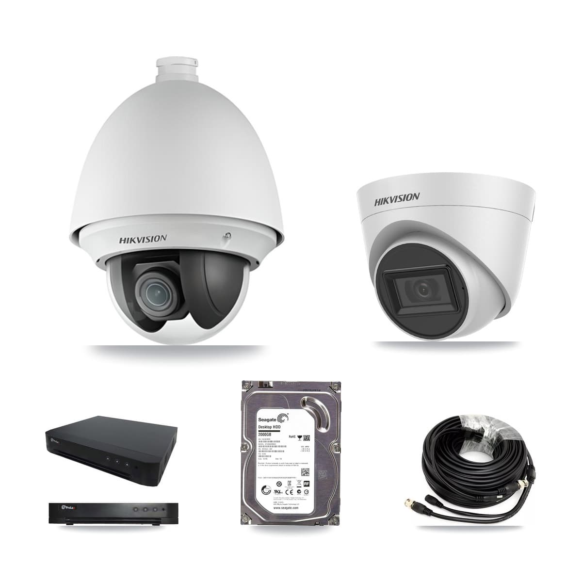 Hikvision & Prolux 16-Channel 2MP – 5MP CCTV Kit — 1 2MP PTZ + 1 White 5MP Turret Cameras + 2TB Recording