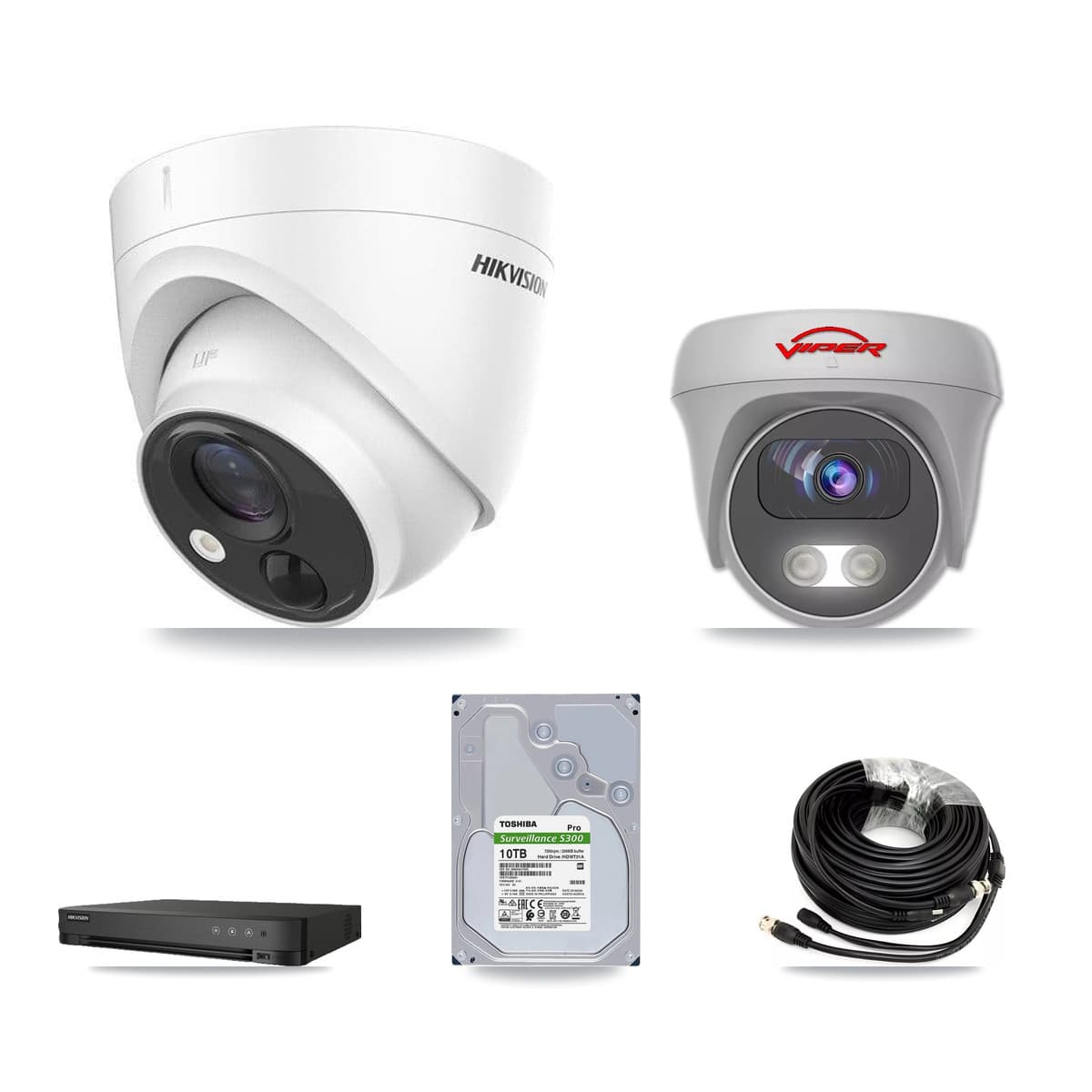 Hikvision & Viper 8-Channel 5MP CCTV Kit — 6 DS-2CE71H0T Turret + 1 White VIPER-5MP-3K Cameras + 10TB Recording (IDS-7208HQHI Recorder)