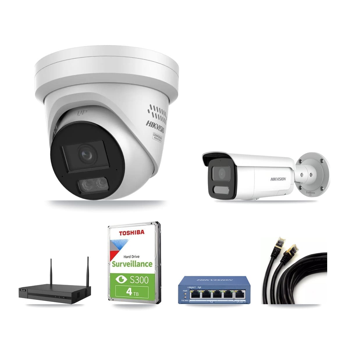 Hikvision & HiLook 4-Channel 4MP CCTV Kit — 2 Turret + 1 Bullet Cameras + 4TB Recording