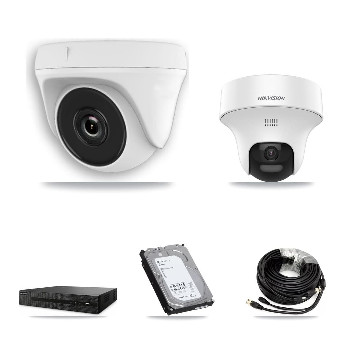 Hikvision 8-Channel 2MP – 5MP CCTV Kit — 1 DS-2CE70K0T 5MP Turret + 5 White HDT-2MP-N20W 2MP Dome Cameras + 6TB Recording (DVR-8CH Recorder)