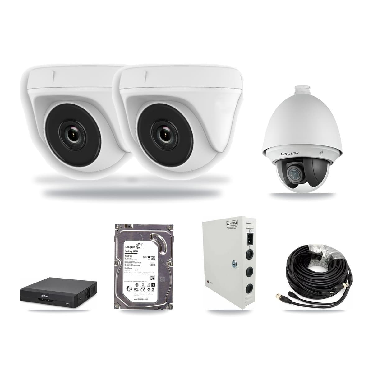 Hikvision & Dahua 4-Channel 2MP CCTV Kit — 1 DS-2AE4225T PTZ + 2 White HDT-2MP-N20W Dome Cameras + 2TB Recording - Image 1