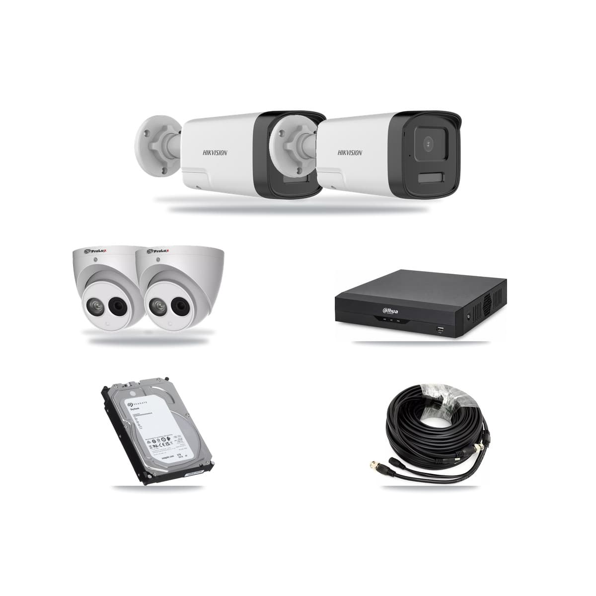 4-Channel 4MP – 5MP CCTV Kit — 2 DS-2CE17K0T 5MP Bullet + 2 PXC-612C4W-A 4MP Turret Cameras + 6TB Recording (DH-XVR5104HS Recorder) - Image 1
