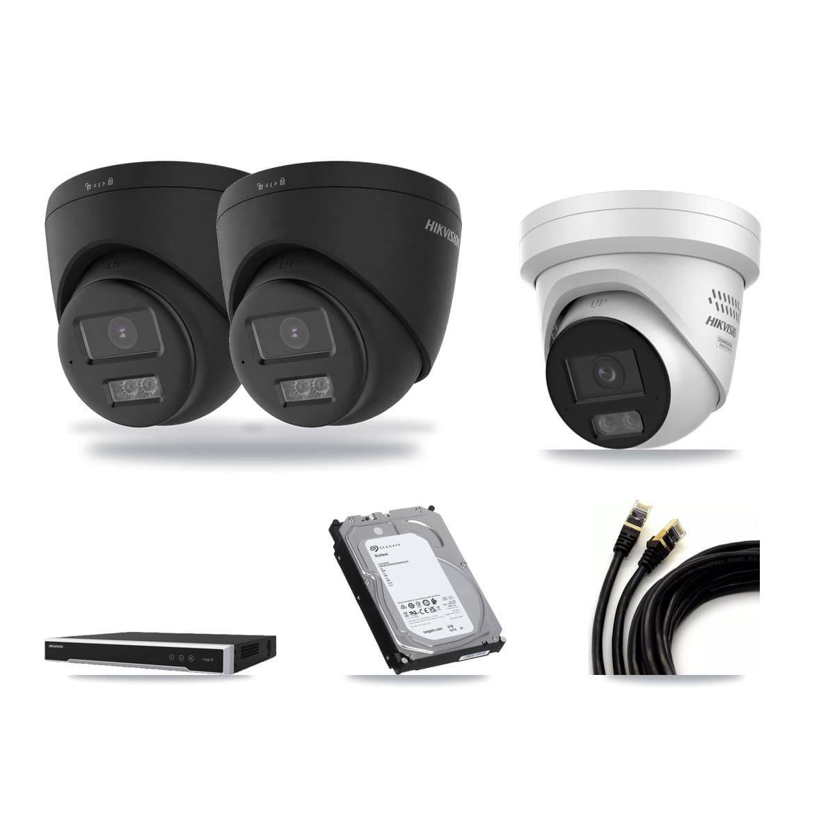 Hikvision 8-Channel 4MP – 4K CCTV Kit — 2 Black 4K + 1 4MP Turret Cameras + 6TB Recording (DS-7608NI-M2 Recorder) - Image 1