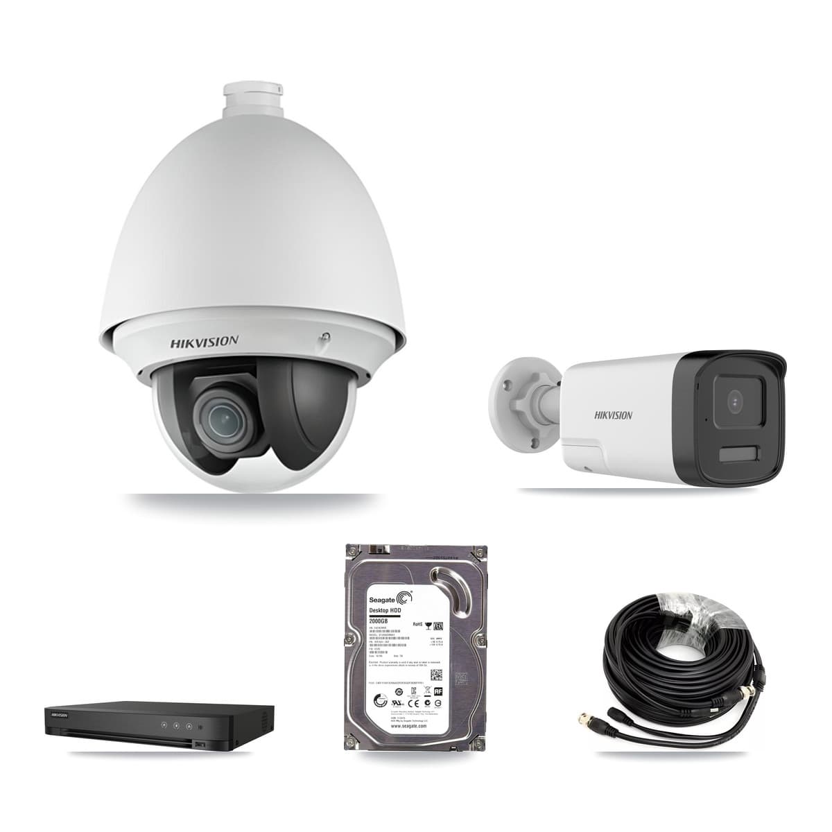 Hikvision 4-Channel 2MP – 5MP CCTV Kit — 1 DS-2AE4225T 2MP PTZ + 1 DS-2CE17K0T 5MP Bullet Cameras + 2TB Recording (IDS-7204HUHI Recorder)