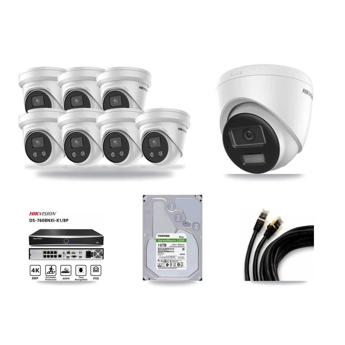 Hikvision 8-Channel 5MP – 4K CCTV Kit — 1 DS-2CD1383G2-LIUF/SL 4K + 7 DS-2CD3356G2-ISU 5MP Turret Cameras + 10TB Recording (DS-7608NXI-K1/8P Recorder) - Image 1