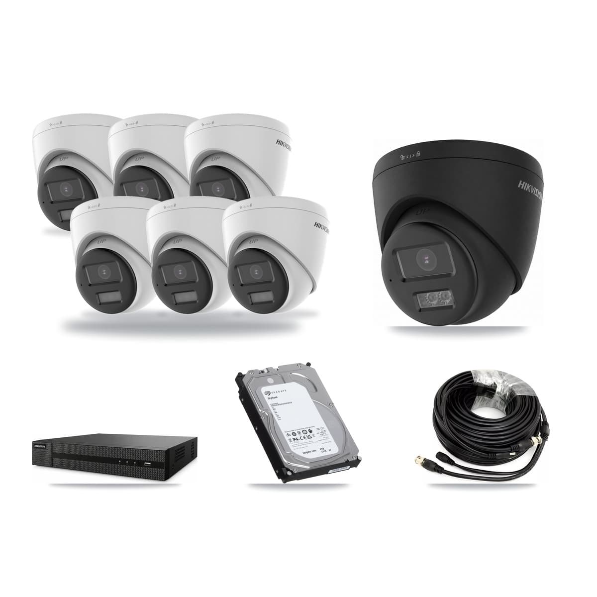 Hikvision 8-Channel 5MP – 4K CCTV Kit — 6 DS-2CE78K0T-LPTS 5MP + 1 Black DS-2CE78U0T-LTS-BLACK 4K Turret Cameras + 6TB Recording (DVR-8CH-HYL8MP Recorder) - Image 1