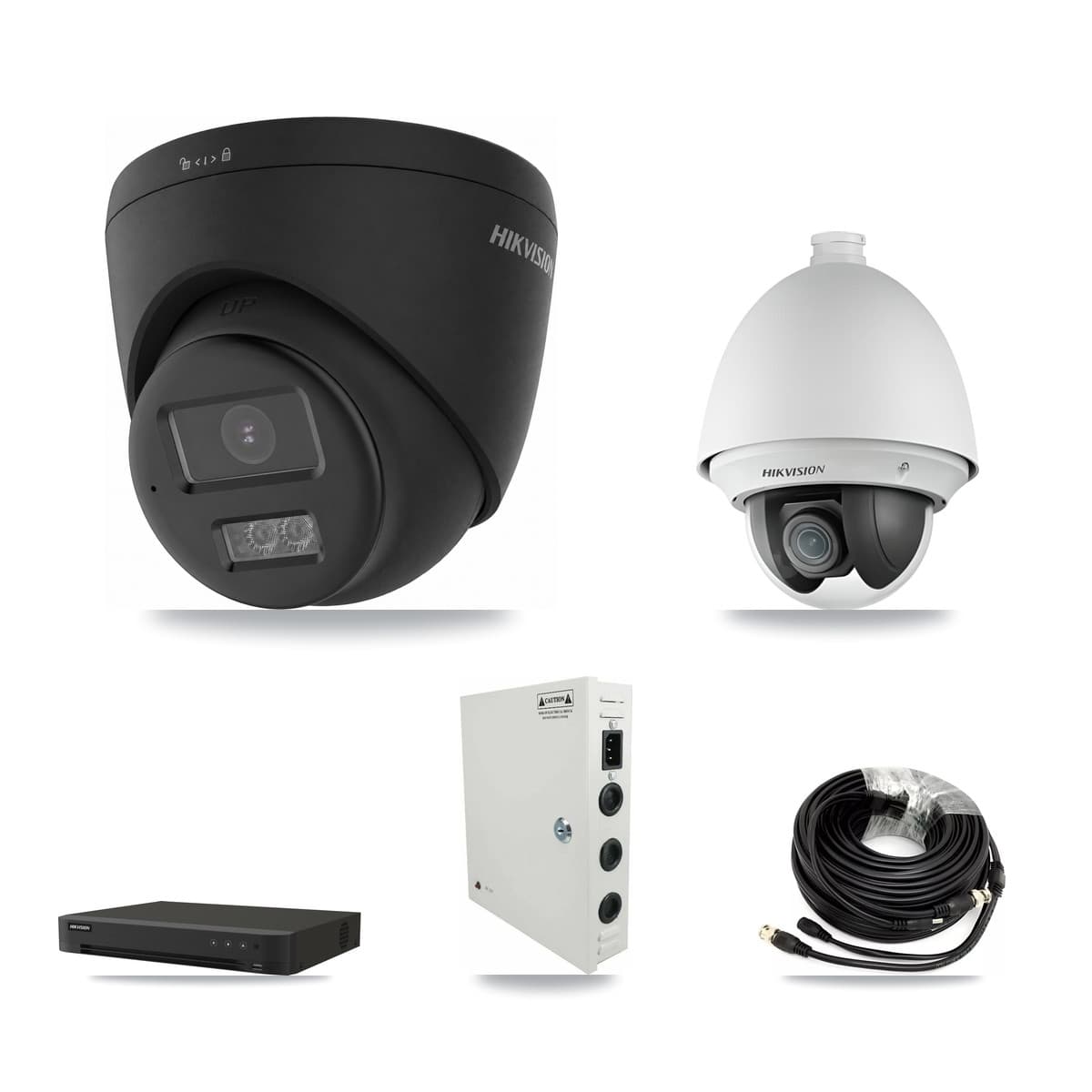 Hikvision 8-Channel 2MP – 4K CCTV Kit — 1 DS-2AE4225T-A 2MP PTZ + 3 Black DS-2CE78U0T-LTS-BLACK 4K Turret Cameras + 8TB Recording (IDS-7208HUHI-M1/XT Recorder)
