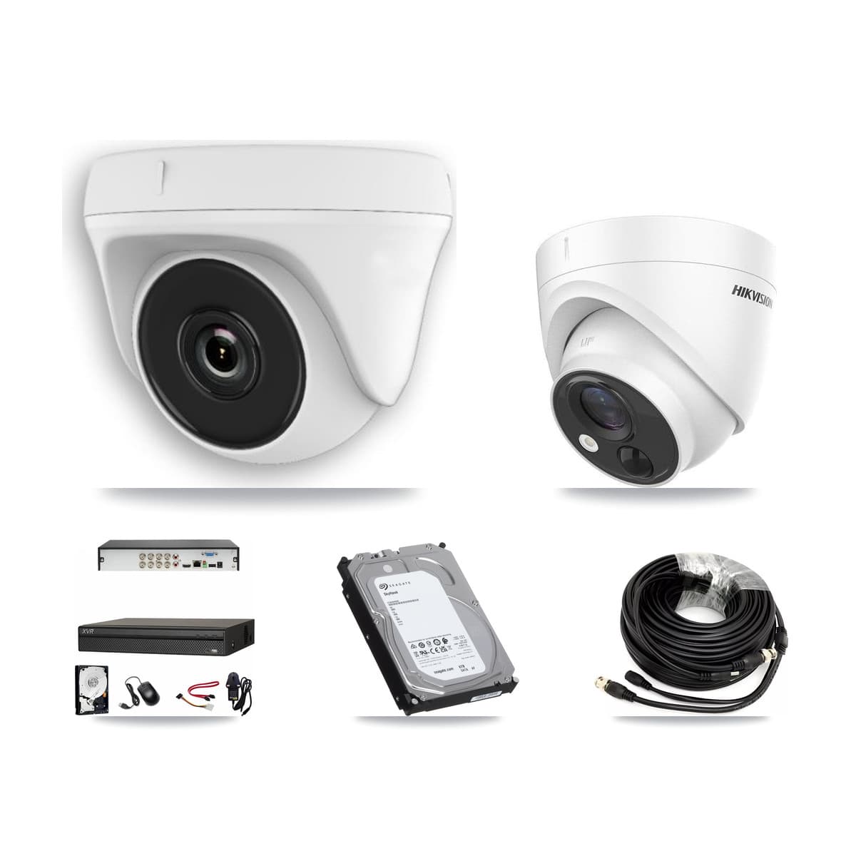 Hikvision & Dahua 8-Channel 2MP – 5MP CCTV Kit — 2 DS-2CE71H0T 5MP Turret + 5 White HDT-2MP-N20W 2MP Dome Cameras + 6TB Recording (XVR-3108AD Recorder) - Image 1