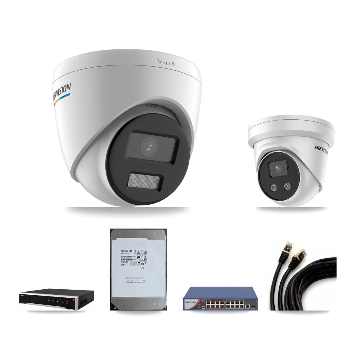 Hikvision 32-Channel 2MP – 5MP CCTV Kit — 14 2MP + 14 5MP Turret Cameras + 2× 14TB Recording