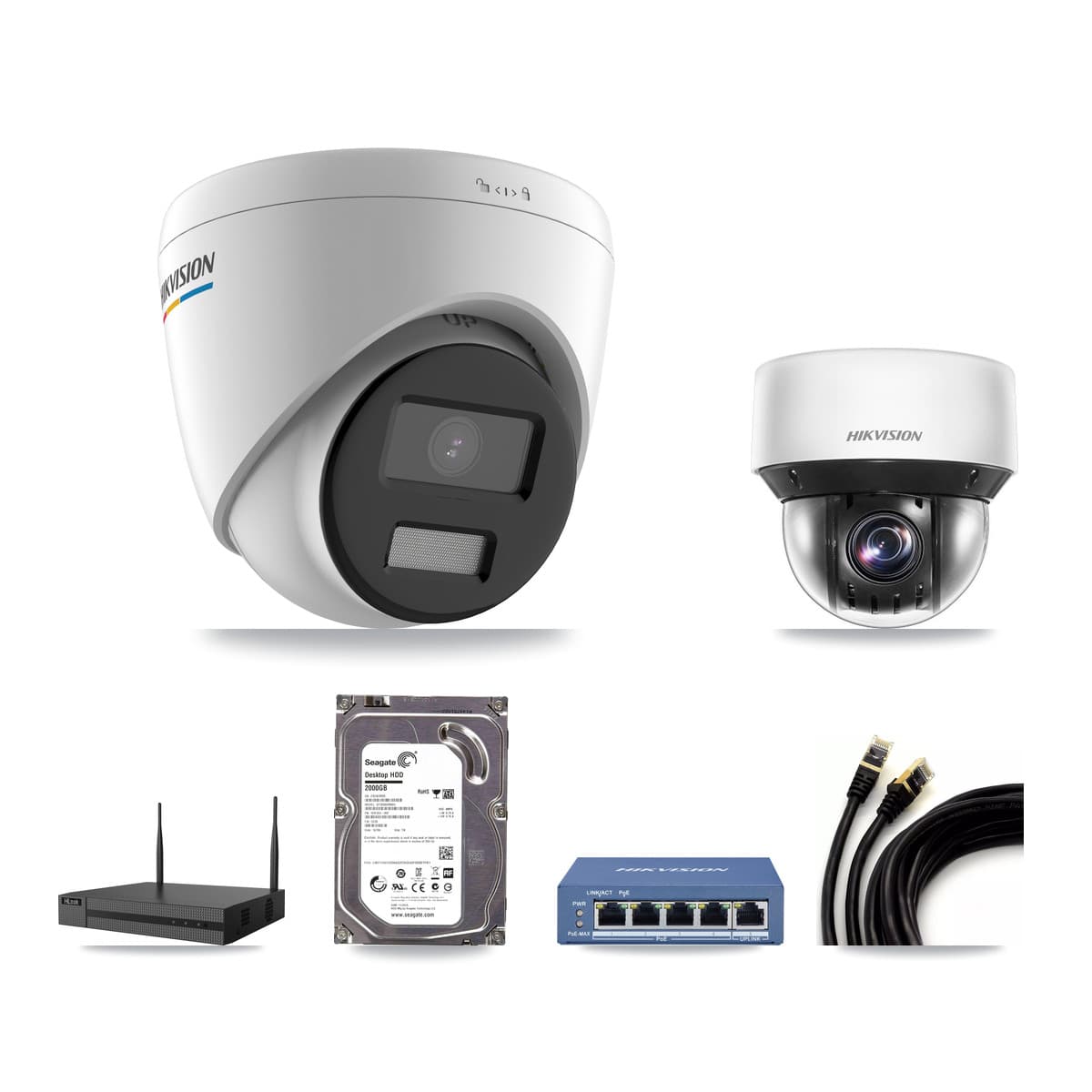 Hikvision & HiLook 4-Channel 2MP – 4MP CCTV Kit — 1 DS-2CD1327G2 2MP Turret + 1 DS-2DE4A425IW 4MP PTZ Cameras + 2TB Recording - Image 1