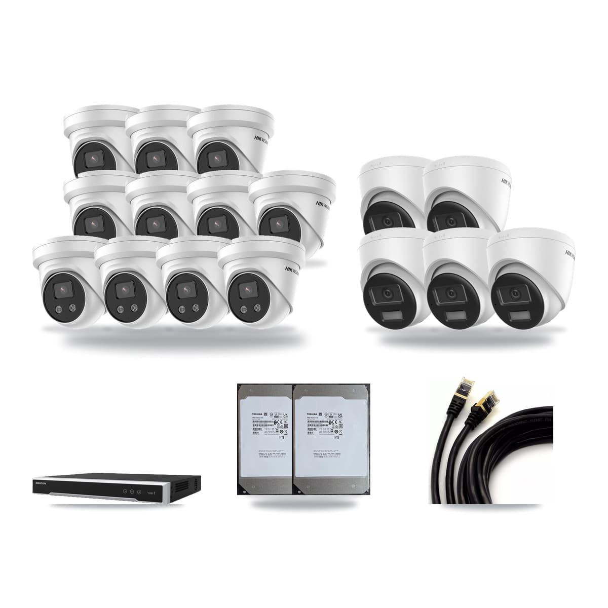 Hikvision 16-Channel 5MP – 4K CCTV Kit — 5 DS-2CD1383G2-LIUF/SL 4K + 11 DS-2CD3356G2-ISU 5MP Turret Cameras + 2× 14TB Recording (DS-7616NI-M2/16P Recorder) - Image 1
