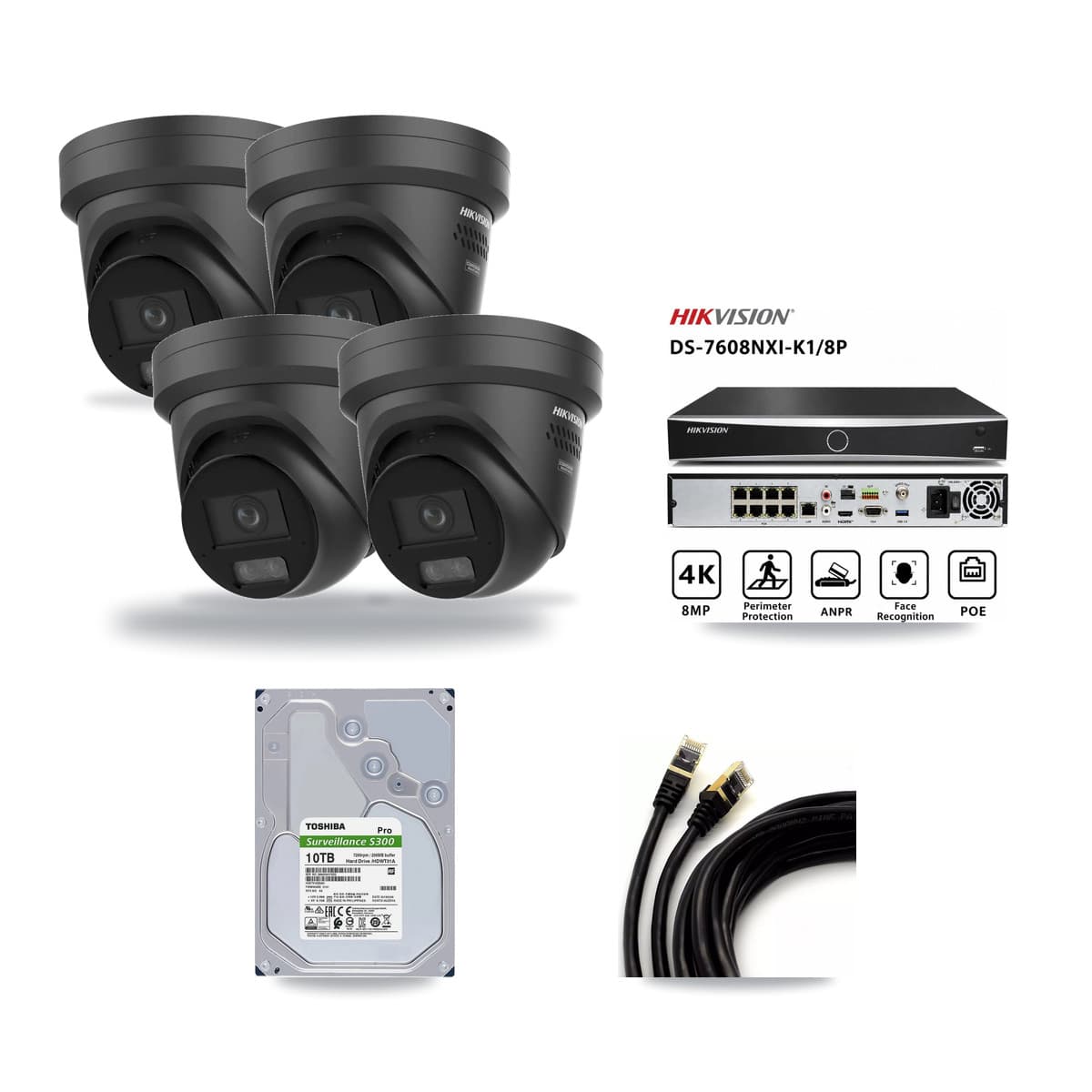 Hikvision 8-Channel 4K CCTV Kit — 4 Black DS-2CD2387G3 Turret Cameras + 10TB Recording (DS-7608NXI Recorder) - Image 1