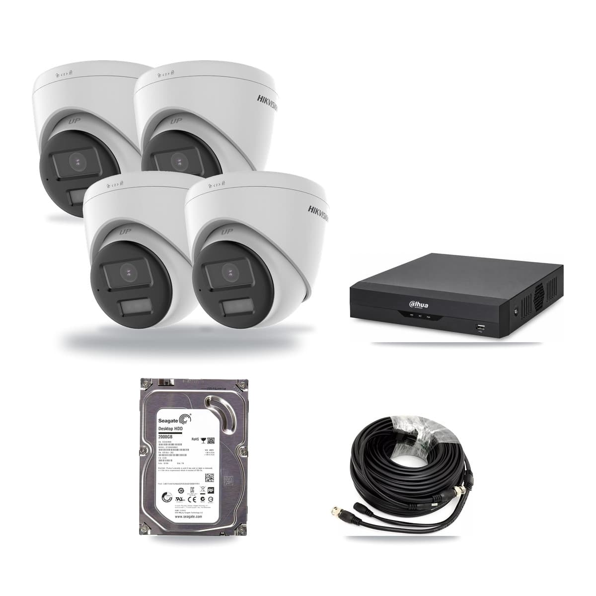 Hikvision & Dahua 4-Channel 5MP CCTV Kit — 4 DS-2CE78K0T-LPTS Turret Cameras + 2TB Recording (DH-XVR5104HS-4KL-I2 Recorder) - Image 1