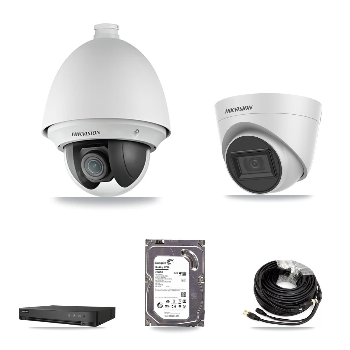 Hikvision 4-Channel 2MP – 5MP CCTV Kit — 1 2MP PTZ + 1 White 5MP Turret Cameras + 2TB Recording (IDS-7204HQHI Recorder)
