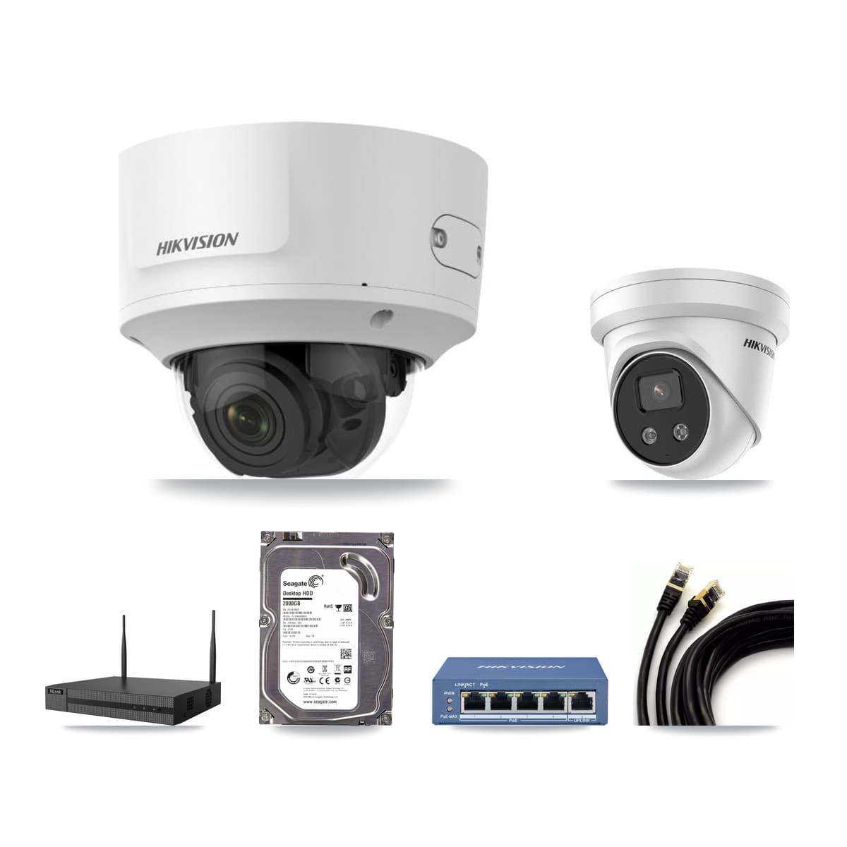 Hikvision & HiLook 4-Channel 2MP – 5MP CCTV Kit — 1 2MP Dome + 1 5MP Turret Cameras + 2TB Recording