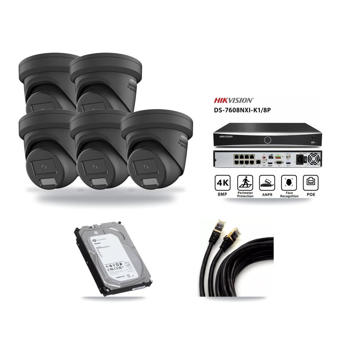 Hikvision 8-Channel 4MP CCTV Kit — 5 Black Turret Cameras + 6TB Recording (DS-7608NXI Recorder) - Image 1