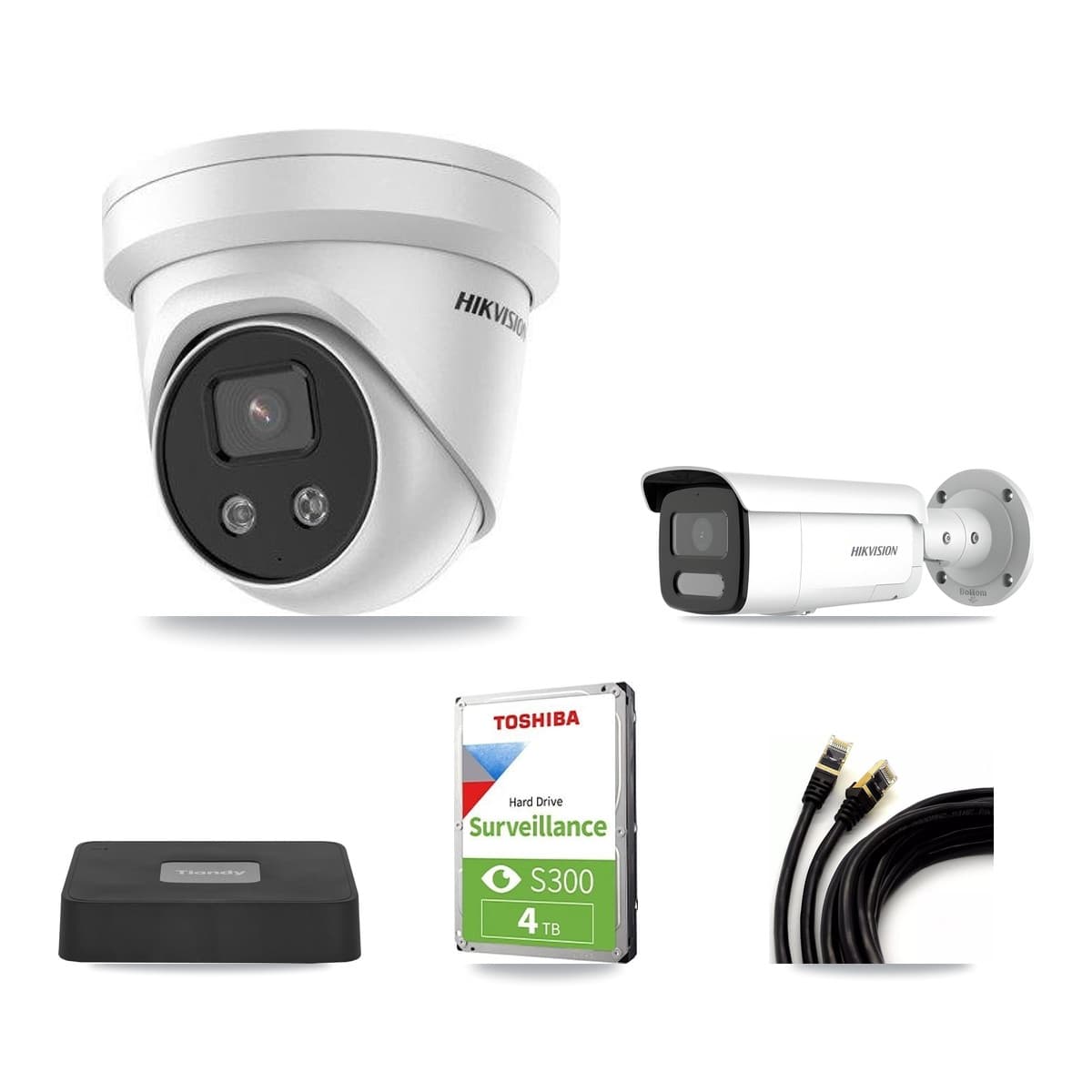 Hikvision & Tiandy 4-Channel 4MP – 5MP CCTV Kit — 1 4MP Bullet + 2 5MP Turret Cameras + 4TB Recording