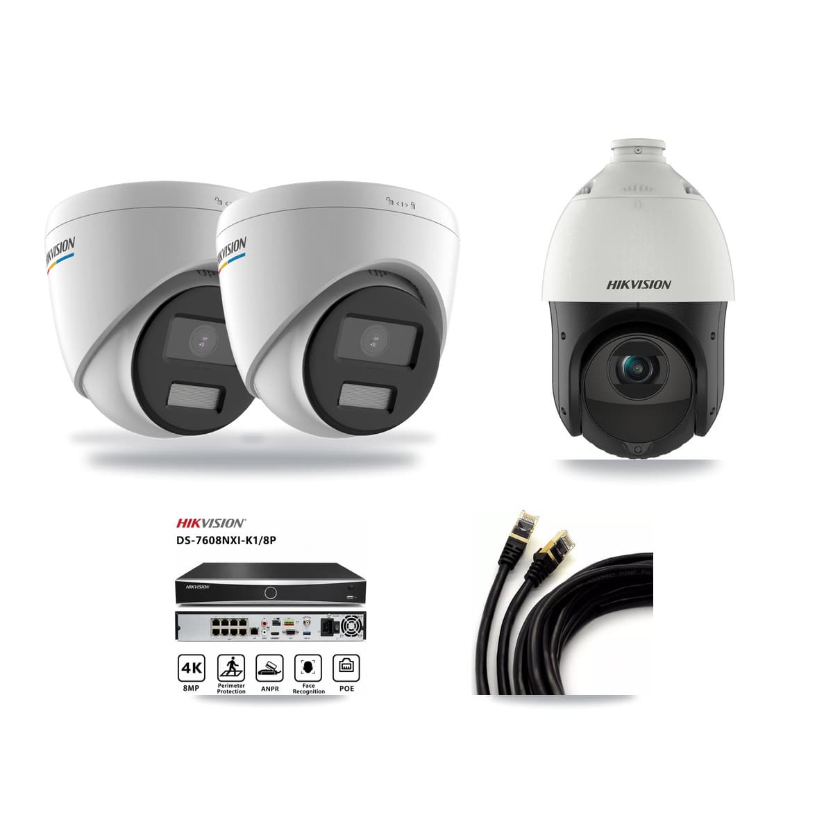Hikvision 8-Channel 2MP – 4MP CCTV Kit — 2 2MP Turret + 1 4MP PTZ Cameras + 3TB Recording (DS-7608NXI Recorder) - Image 1