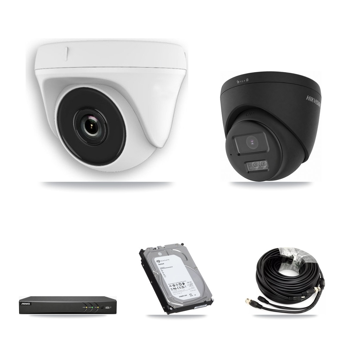 Hikvision & ANNKE 4-Channel 2MP – 4K CCTV Kit — 1 Black 4K Turret + 3 White 2MP Dome Cameras + 6TB Recording - Image 1