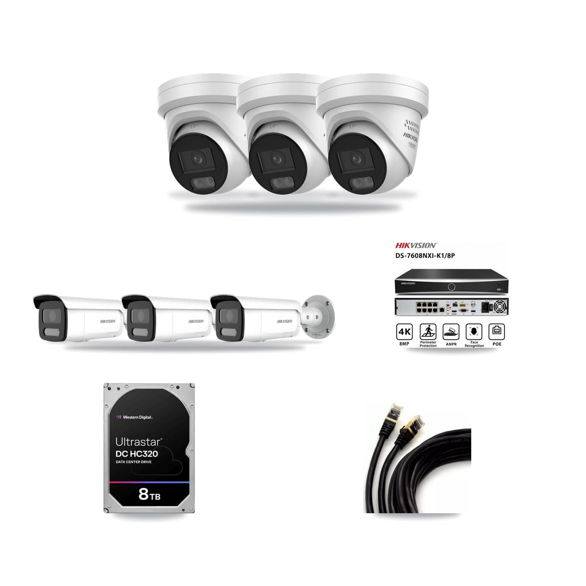 Hikvision 8-Channel 4MP CCTV Kit — 3 DS-2CD2347G3 Turret + 3 DS-2CD2T47G2H Bullet Cameras + 8TB Recording - Image 1