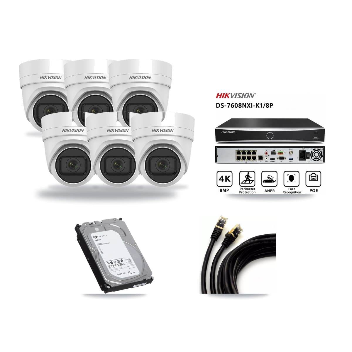 Hikvision 8-Channel 4MP CCTV Kit — 6 DS-2CD2H45FWD Turret Cameras + 6TB Recording (DS-7608NXI Recorder) - Image 1