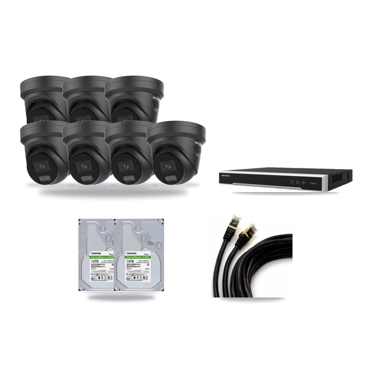 Hikvision 8-Channel 4K CCTV Kit — 7 Black DS-2CD2387G3 Turret Cameras + 2× 10TB Recording - Image 1